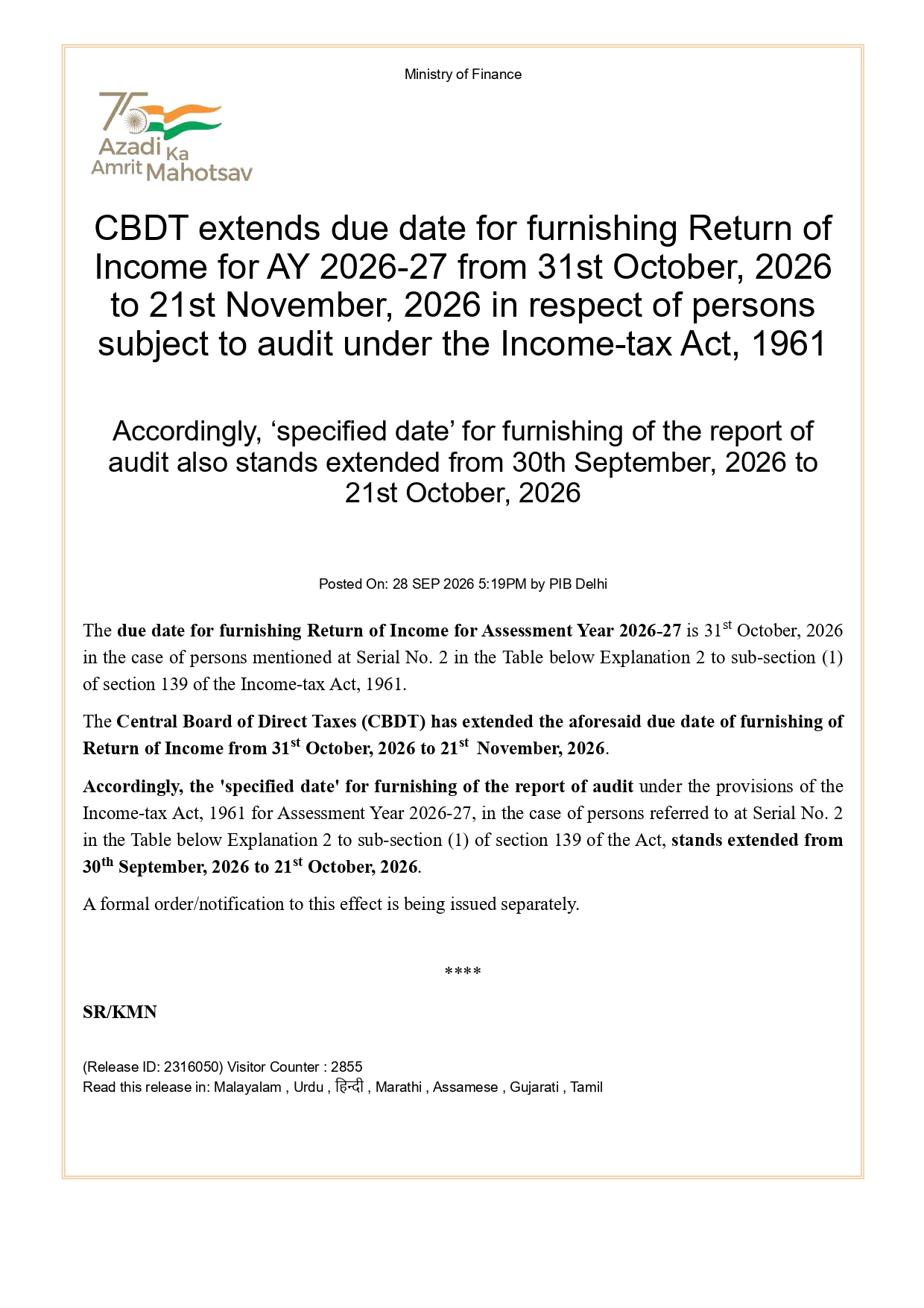 CBDT Extends Due Date for Filing Income Tax Return for AY 2026-27 11 CBDT Extends Due Date for Filing Income Tax Return for AY 2026-27