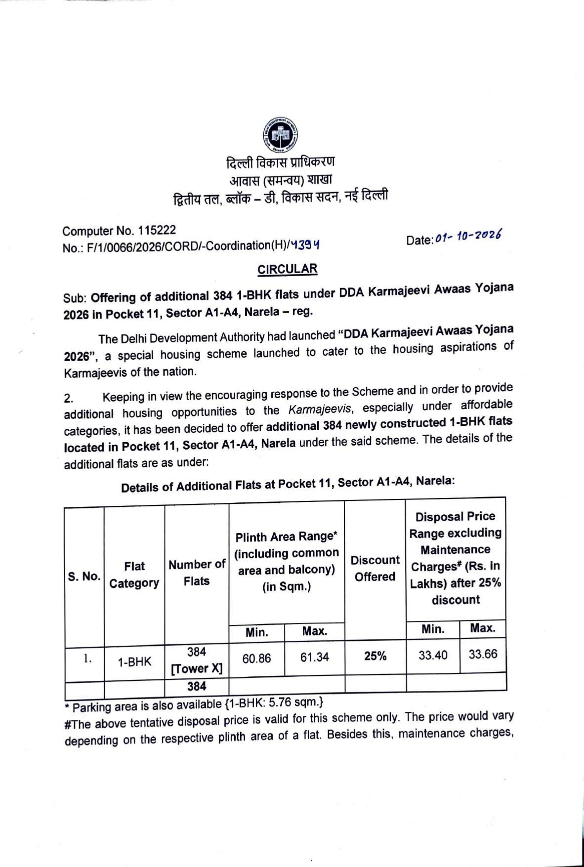 384 Additional 1-BHK Flats Under DDA KarmajeevI Awaas Yojana 2026, Narela