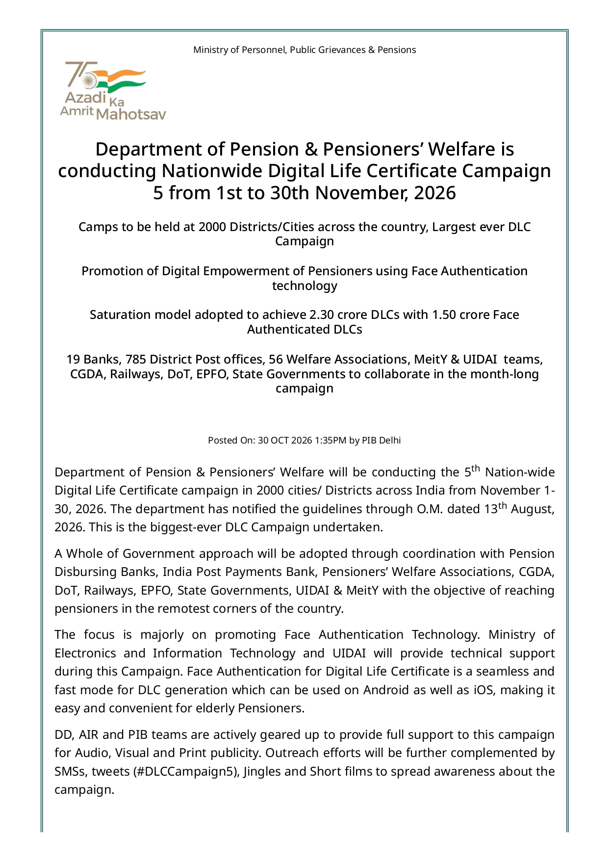 Digital Life Certificate Campaign 5, 1–30 November 2026 - DLC for Pensioners 1 Digital Life Certificate Campaign 5, 1–30 November 2026 - DLC for Pensioners