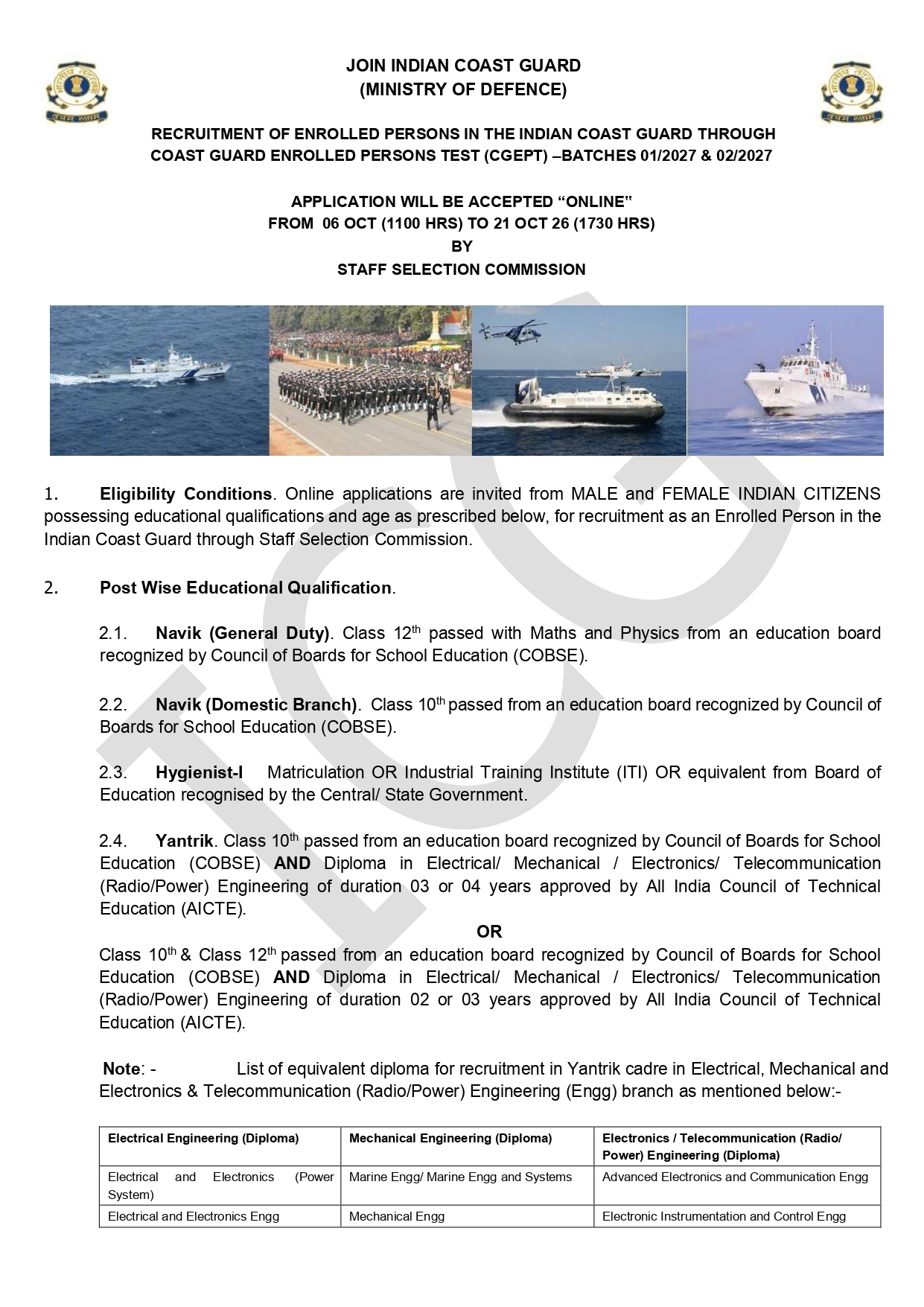 Indian Coast Guard Recruitment 2026, Apply Online for 365 Navik GD & Yantrik Posts 11 https://joinindiancoastguard.cdac.in/