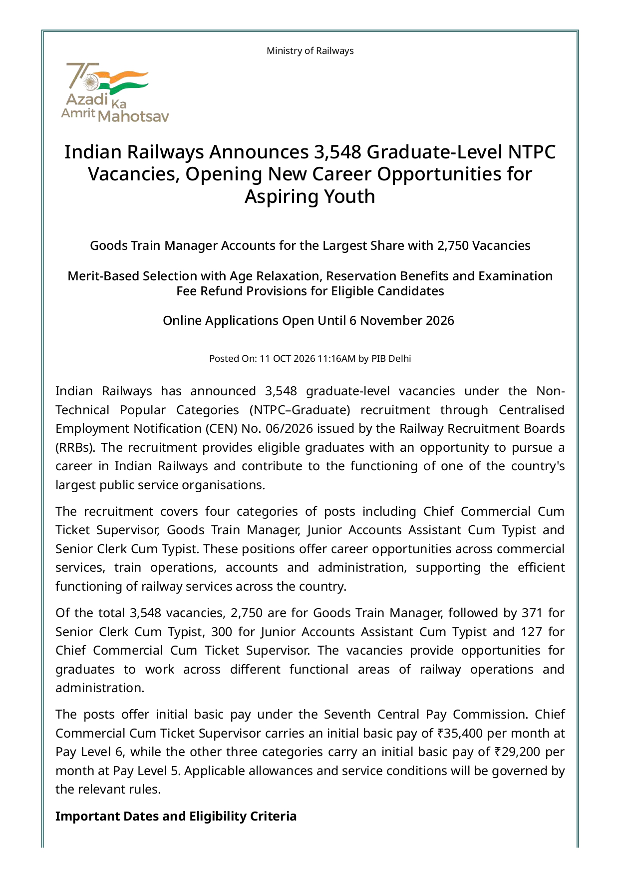 Indian Railways Opens 3,548 Graduate-Level NTPC Vacancies for Aspiring Youth